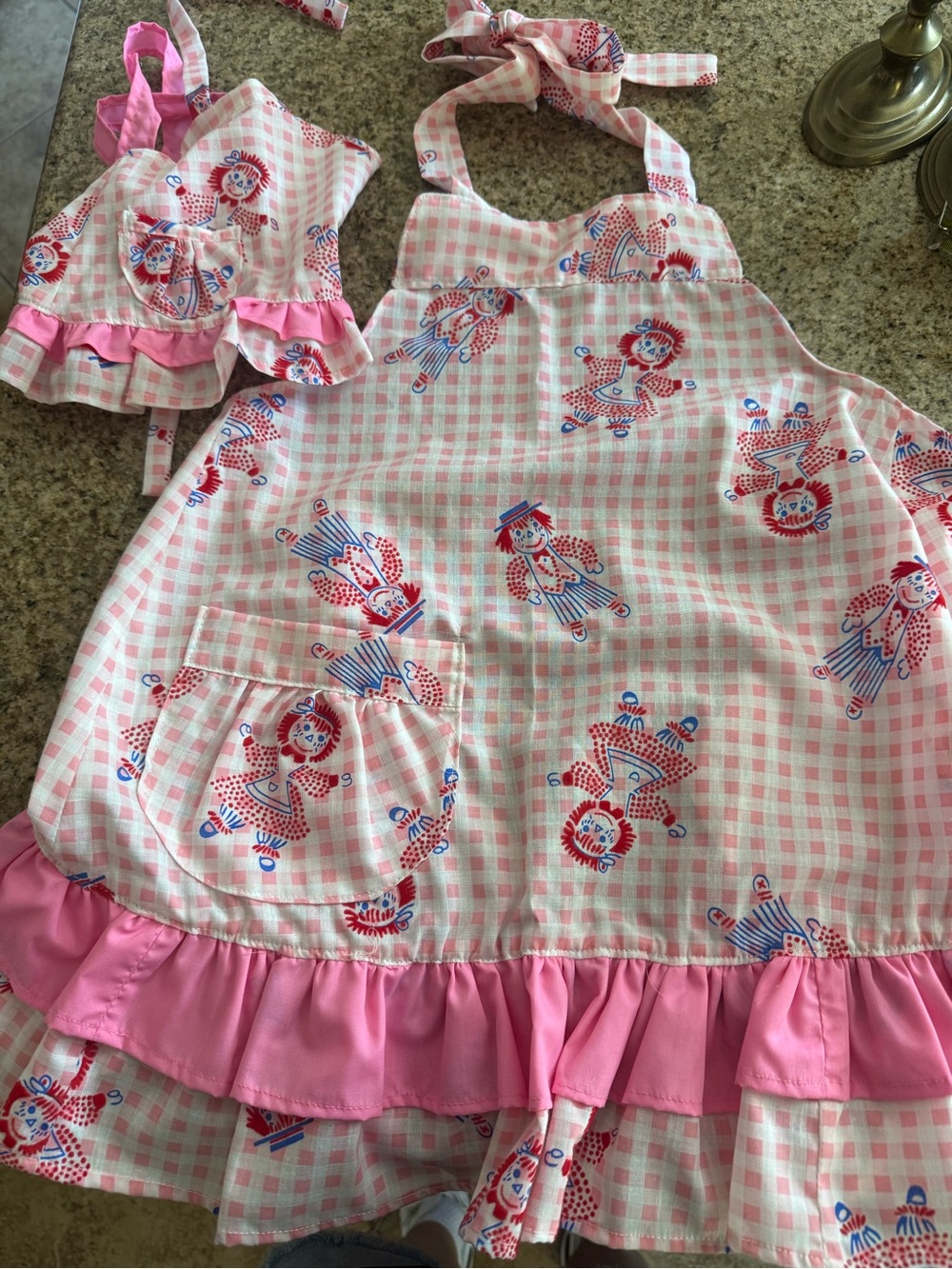Vintage handmade child Apron set with Rag Doll Print. Apron for child and doll.